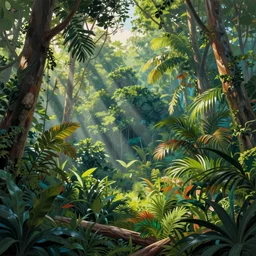surreal gediminas pranckevicius, borneo jungle, summer morning, very coherent and colorful high contrast art by james gilleard james gurney floralpunk screen printing woodblock, pointillism, dark shadows, pastel color, hard lighting, stippled light, art nouveau, film noir