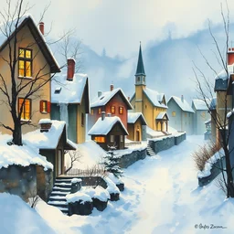 abstract watercolor painting of village, magic diamond crystal winter, cinematic light, national romanticism by anders zorn, by greg rutkowski, by greg manchess