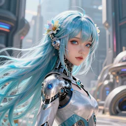 beautiful portrait of a sci woman with mecha implants with floral blue pastel flowy long hair facing the camera in the style of a code vein character, momo from twice in code vein in the style of wlop, artgerm, yasutomo oka, yuumei, rendered in unreal engine and redshift octane, background is an epic sci fi building landscape by simon stalenhag, digital art dynamic dramatic lighting, soft lighting, imagine fx, artstation, cgsociety, by bandai namco artist, hi tech solarpunk