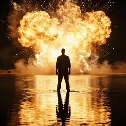 h. p. baxxter standing in water with explosion in background, full body, reflection in water, volumetric lighting, golden ratio