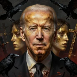 closeup portrait biden in dante's inferno painting, crows, crosses, dark beauty, rotten gold, perfect faces, extremely detailed, cinema 4 d, unreal engine.