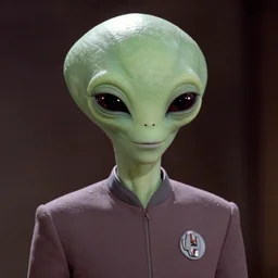 film still of kif kroker, a light green skinned alien with almond shaped eyes and small lips dressed like zapp brannigan in the new scifi movie, 4 k