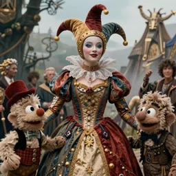 detailed ultrarealistic photography medium shot of fantasy jester queen and furry muppet puppet leyendecker, norman rockwell, ian miller, artstation cinematic, vray lord of the rings, legend ( 1 9 8 5 )