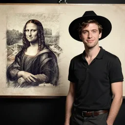 ( twentynine years old!!! ) [ [ [ lee evans ] ] ] as [ [ [ tristan thorn ] ] ] ( with a hat ) in stardust ( 2 0 0 7 ), sketch by leonardo da vinci and rembrandt, low key lighting, inspired by robert capa
