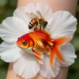 goldfish tattoo with a bee sitting on top of a flower petal, ultra detailed, 4 k