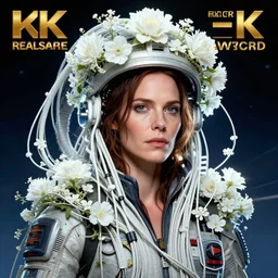 hyperrealist portrait of a ellen ripley from aliens as a space sport engineer, it is decorated with long white wires and white flowers that fall like vines and wears a huge computer crown. by roberto ferri and alphonse mucha, fantasy art, photo realistic, dynamic lighting, artstation, poster, volumetric lighting, dramatic light, very detailed faces, clear skin, 8 k, award winning