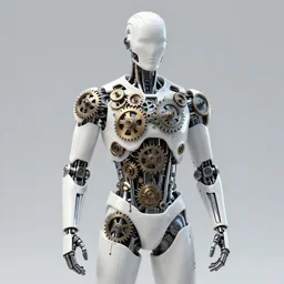cyborg man wearing a white suit made of organic gears, machinery, clock springs, melting metal, photorealistic, art by travis charest