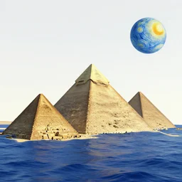 pyramids in the middle of the ocean with planet people van gogh