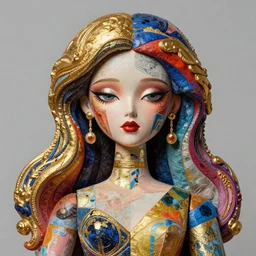 portrait, patchwork doll, cyberpunk, elegant baroque, asymmetrical art, emotional, hyperrealism, colorful, vivid, imposing, epic, abstract texture, gold leaf texture, artstation, concept art, by peter mohrbacher and wlop and rhads and artgerm and magali villeneuve and alphonse mucha