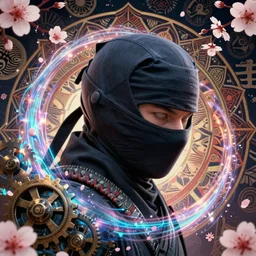 a headshot of a ninja wearing a cowl!!!!, offset in the frame, surrounded by japanese patterns! and mandalas and cherry blossoms and metal gears and swirling bioluminescent energy!!!!!!!!!, art by peter mohrbacher and dan mumford, 8 k octane render, hyperrealistic, zbrush
