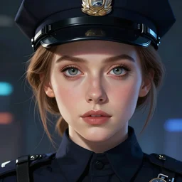 anime key visual of elizabeth olsen police officer, cyberpunk, futuristic, very perfect eyes!!, stunning features, perfect face!!, high details, digital painting, artstation, smooth face, soft focus, illustration, art by artgerm and greg rutkowski and alphonse mucha