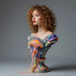 flume and former cover art future bass girl un wrapped statue bust curls of hair petite lush side view body photography model full body curly jellyfish lips art contrast vibrant futuristic fabric skin jellyfish material style of Jonathan Zawada, Thisset colours simple background objective
