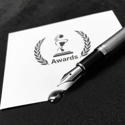A fountain pen lying on an black canvas, leaking ink, award winning photography, black and white, law of thirds