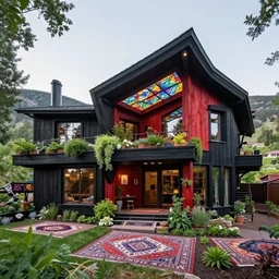 exterior of an all black psychedelic modern ecopunk frank lloyd wright shotgun house mansion made entirely of redwood in the mountain valley of colorado, lots of plants and stained glass ceilings and persian rugs