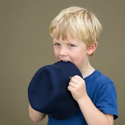 blonde boy biting a hat