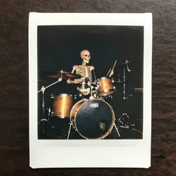 skeleton drummer, flash poloroid photo, live on stage - n 9
