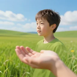 extreme wide shot of a summer landscape, with a boy holding on to a string that connects to a web that envelopes the sun. Digital art