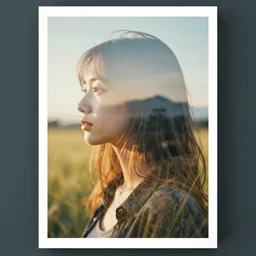 girl head and landscape double exposure photography, poster art
