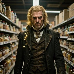 an ultra realistic, cinematic, fantasy, portrait, of an evil businessman, elden ring, fairy lights, facial features, stood in a supermarket, with victorian clothing, detailed, deep focus, movie still, dramatic lighting, ray tracing, by michal karcz and yoshitaka amano