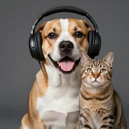 a photorealistic dog and cat wearing headphones smiling, 8 k resolution, studio lighting, highly detailed, hyperrealism, realistic