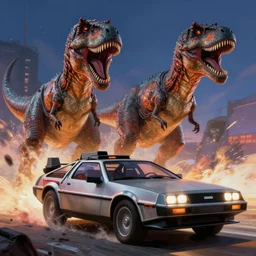 an epic comic book style painting of the delorean from back to the future being attacked by dinosaurs, trending on artstation, dynamic lighting