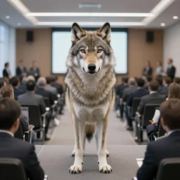 A drunk wolf about to announce a new product line in front of a large business room.