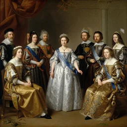 the queen of england surrrounded by her court, painting by le nain