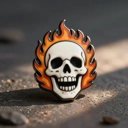 a retro minimalistic laughing joyful skull with fire flame enamel pin, concept art