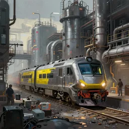cyberpunk locomotive in cyberpunk industrial site. cyberpunk factories. rail tracks. cyberpunk industrial area. Digital render. digital painting. Beeple. Noah Bradley. Cyril Roland. Ross Tran. trending on artstation.