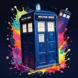 doctor who blue phone booth tardis flying in space by josan gonzalez splash art graphic design color splash high contrasting art, fantasy, highly detailed, art by greg rutkowski