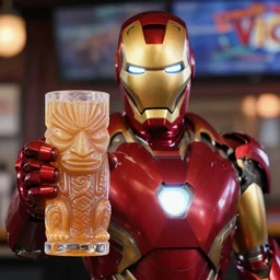 a closeup photorealistic photograph of iron man at trader vic's bar holding a tiki mug with his face on it. brightly lit scene. this 4 k hd image is trending on artstation, featured on behance, well - rendered, extra crisp, features intricate detail, epic composition and the style of unreal engine.
