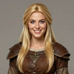 portrait, 30 years old women :: fantasy :: blue eyes, long straight blonde hair, beeing happy, smiling :: attractive, symmetric face :: detailed brown medieval clothing, natural materials :: high detail, digital art, RPG, concept art, illustration