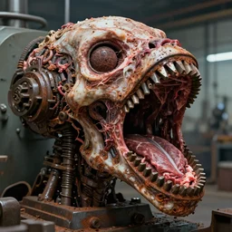 a close up of an elongated machine made of teeth and raw meat rust, in a factory, concept art by giger, cgsociety, assemblage, trypophobia, greeble, grotesque, biomechanical open chewing mouth