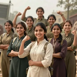 a group of young pakistani ww 2 female soldiers, wearing kurtas, strong, muscular, smiling, digital portrait by greg rutkowski, intricate, soft focus, highly detailed, cinematic, epic, artstation