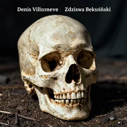 a skull, film still from the movie directed by Denis Villeneuve with art direction by Zdzisław Beksiński, wide lens