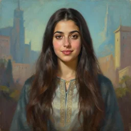 portait ibtissam ittouchane, centred, very long hair, hd, unreal engine, art painting, final fantasy style, amazing background theme