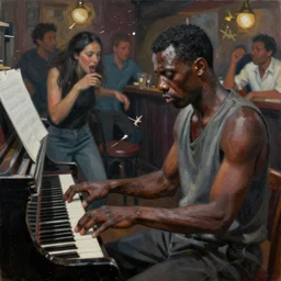 a messy painting of a bar brawl, black man playing piano, art by david goldblatt, artstation
