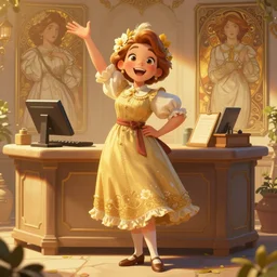 clear portrait of checkout women, adorable appearance!!!, golden hour, happy apearance, cottagecore!!, background hyper detailed, character concept, full body, dynamic pose, intricate, elegant, highly detailed, digital painting, artstation, concept art, smooth, sharp focus, illustration, art by artgerm and greg rutkowski and alphonse mucha