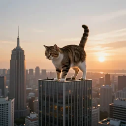 a cinematic photograph of a cat standing on top of tall skycrapers doing parkour in a city, at sunset, ultra detailed, realistic, beautiful lightning, golden hour time, 8 k, high depth field