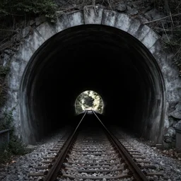 outside a dark train tunnel entrance