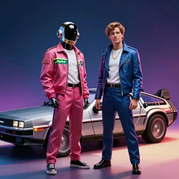 Daft Punk with Marty McFly clothes with the Delorean in 80s style