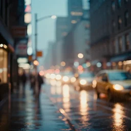 a retro version of new york at night with rain, bokeh, depth of field, soft focus, photorealistic