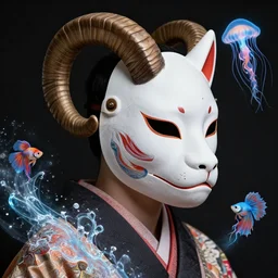 prometheus engineer close - up profile portrait with ram skull. beautiful intricately detailed japanese crow kitsune mask and clasical japanese kimono. betta fish, jellyfish phoenix, bio luminescent, plasma, ice, water, wind, creature, artwork by tooth wu and wlop and beeple and greg rutkowski