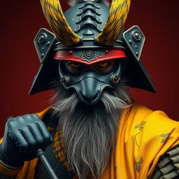 portrait of old samurai with a goat beard, face mask, ready to fight, goth punk, vibrant yellow, colors, surreal, a french baroque by by alexander mcqueen, hyper detailed, very detailed, photograph, cinematic lighting, photorealistic, octane render, no red background