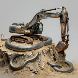 airbrushed chromed sand - snake - excavator equipment on bone cliff by dan brereton, alex ross, simon bisley fine art masterpiece baked at 3 0 0 f, matte painting, cold lighting, aged with patina, rusted, award winning horror, photorealistic render, cinematic