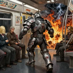 runs away from men on the subway, composition gothic and futuristic, warhammer, cyber japan armor, more scars, fire storm, thunderstorm, the middle ages, highly detailed, artstation, moebius, jugendstil and classic japanese print, art rene magritte and robert mccall