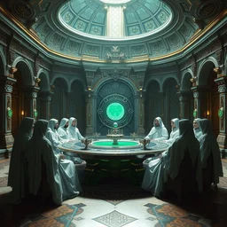 cinematic, renderman, futuristic palace hall with nine kings and queens, dressed in white robes, round table with stargate, high detailed decor, emerald treasure, symmetrical, symmetric, jeremy mann and greg rutkowski, frank frazetta