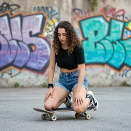 skating photo of a kneeling urban woman with graffiti in the background, camera from the floor