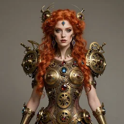 A steampunk beautiful goddess, she is redhead, she is embellished with gears wheels and gemstones, by William Holman Hunt, Greg Rutkowski, Stanely Artgerm, Tooth Wu, Peter Gric, Aaron Horkey, trending on Artstation, digital art, mythological, symmetrical artwork, cinematic lighting, hyper realism, high detail, octane render, ultra realistic, golden ratio, 4k, 8k