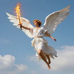 propaganda piece featuring an angel holding a flaming sword, flying in the sky, health, strength, confidence